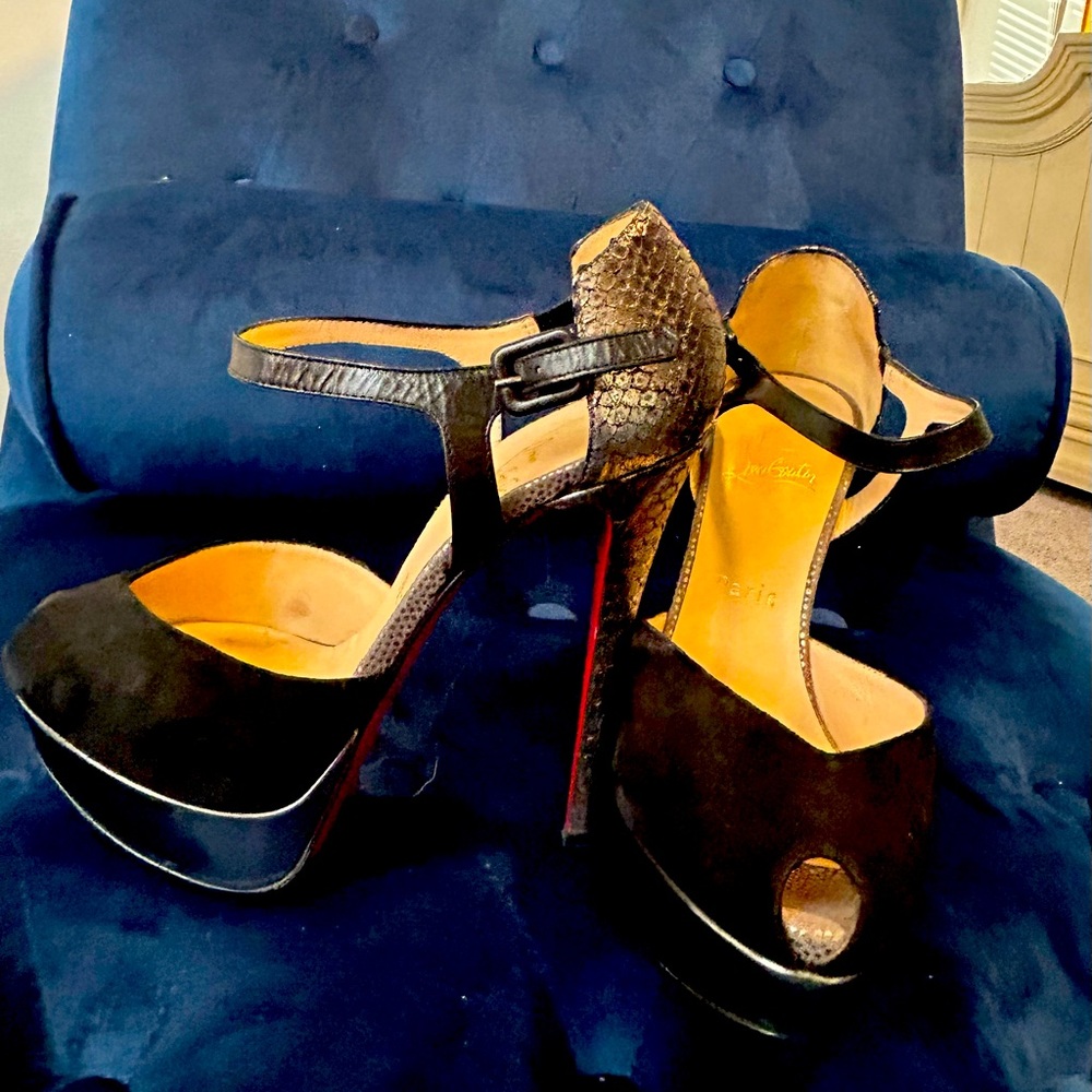 Christian Louboutin Black and Gold Peep-Toe Heels